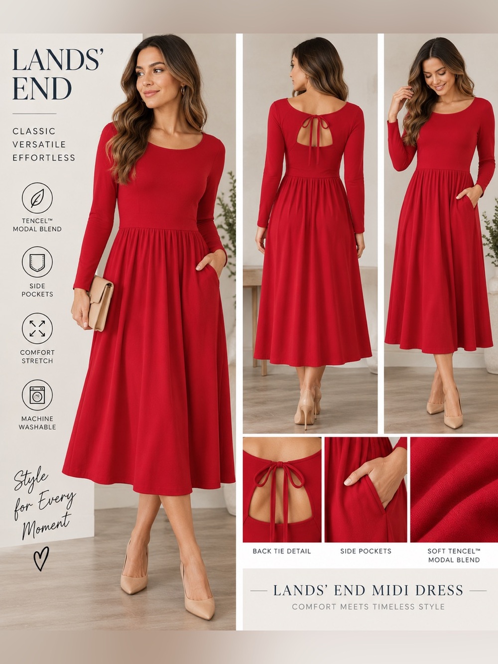 Lands’ End Red Midi Dress M 10-12 TENCEL Modal Long Sleeve Pockets New